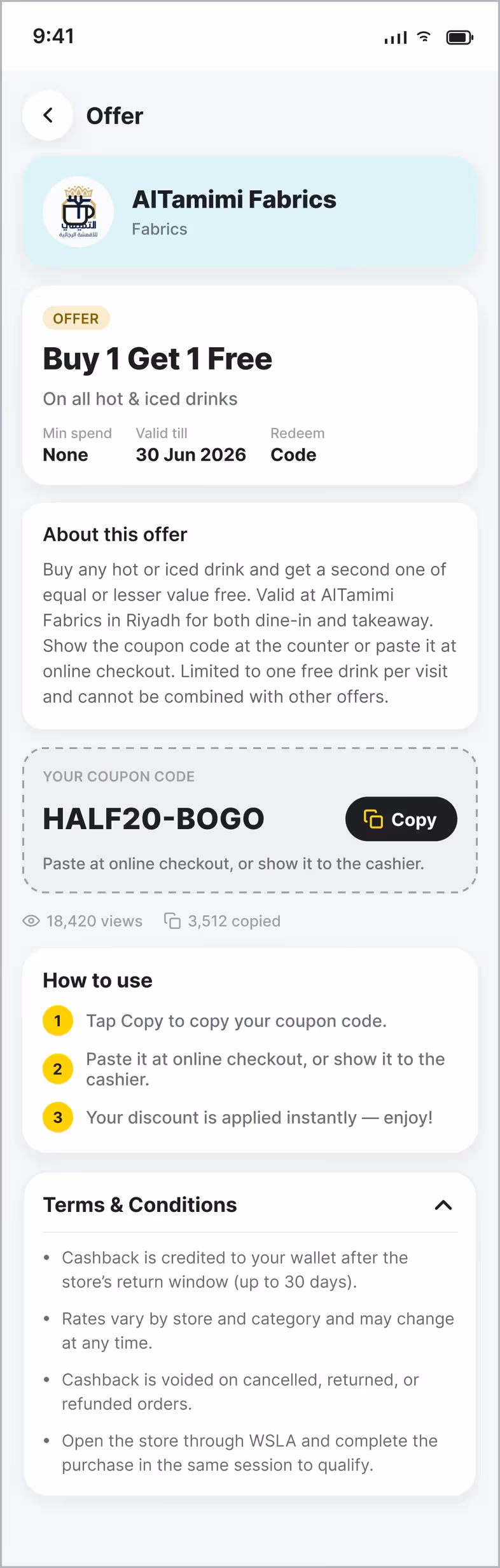 A WSLH coupon code screen with copy button and terms