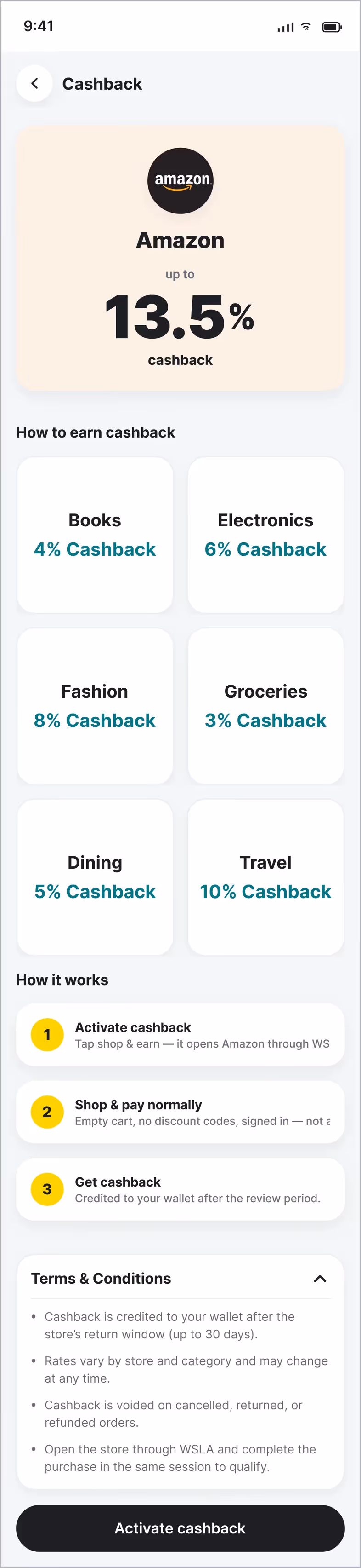 The WSLH cashback detail screen