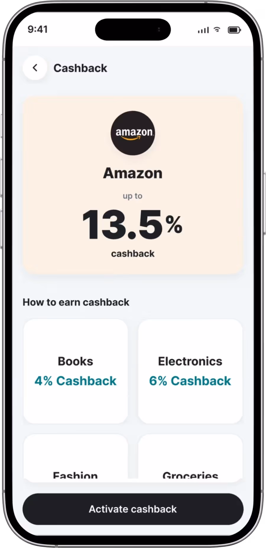 The WSLH cashback screen showing an Amazon rate of up to 13.5% and per-category cashback