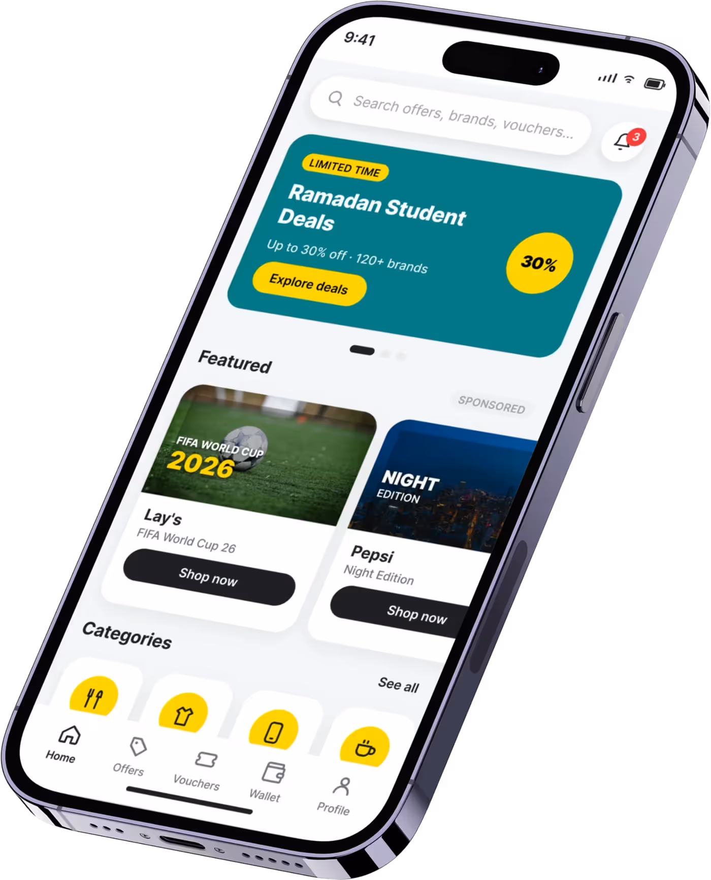 The WSLH app home screen — Ramadan student deals, featured brands and category shortcuts